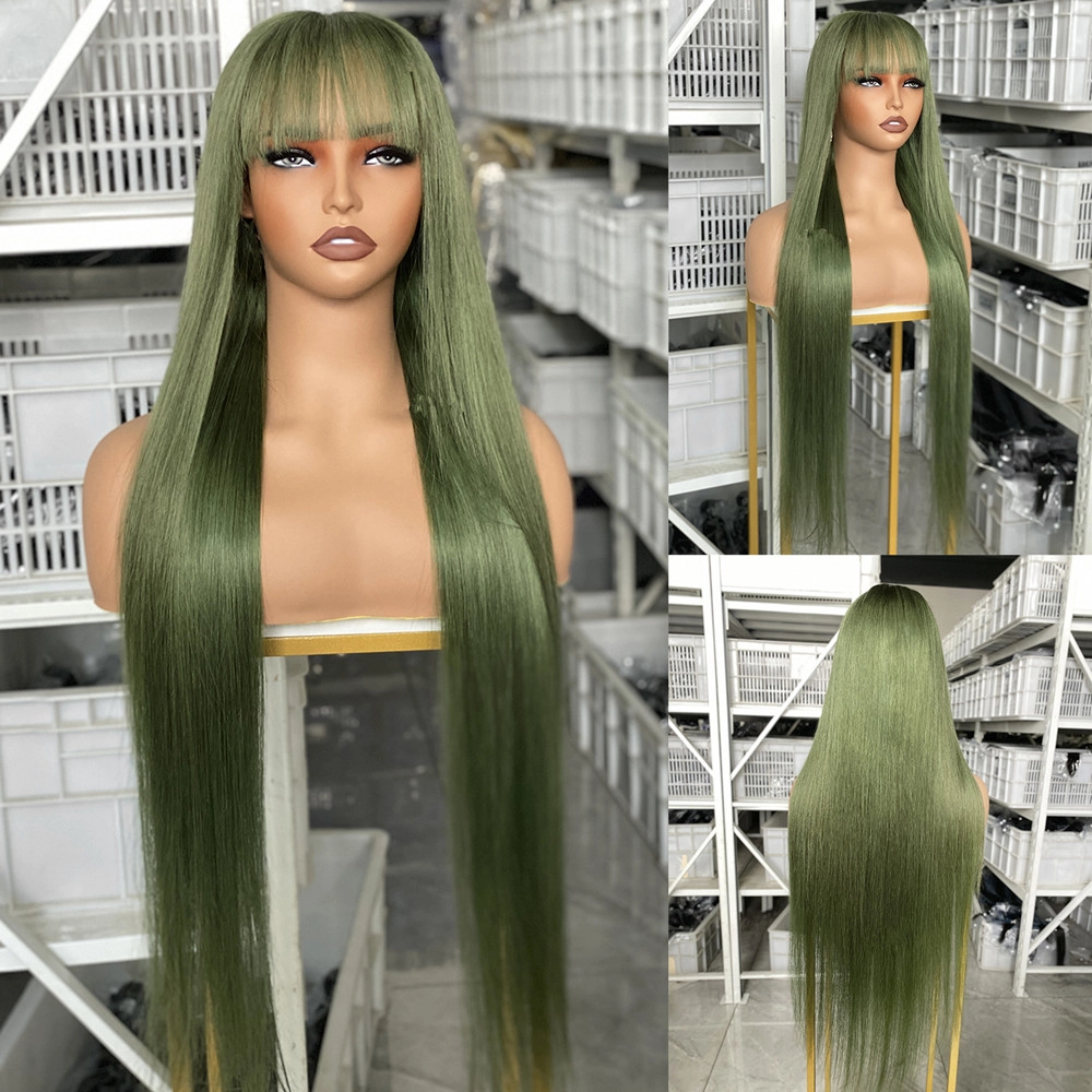 30inch Human Hair 5x5 Lace Closure Wig Straight Green Color WIg